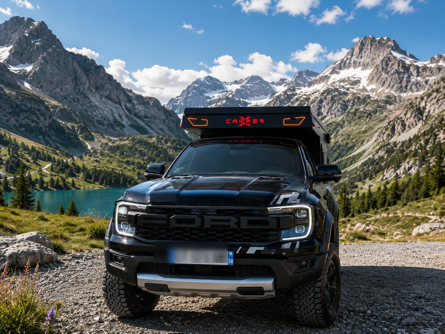 REVO X sur un Ford Ranger au bord d'un lac de montagne